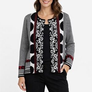 Chico’s Natasha geometric mixed media pattern artsy open cardigan sweater size M